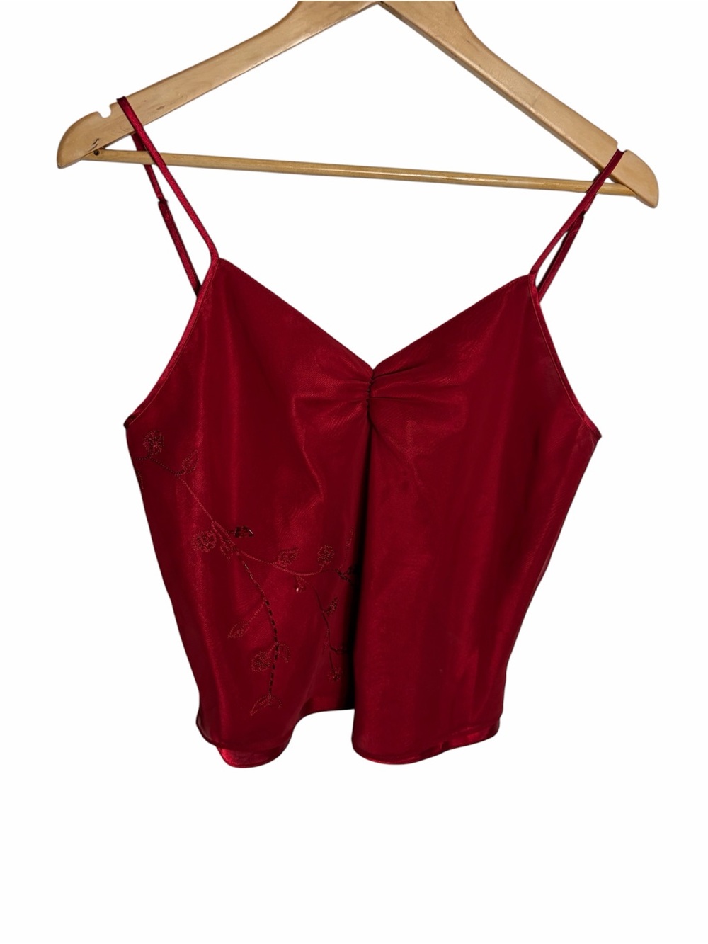 Vintage Y2K embroidered & beaded red mesh over satin cami blouse size M